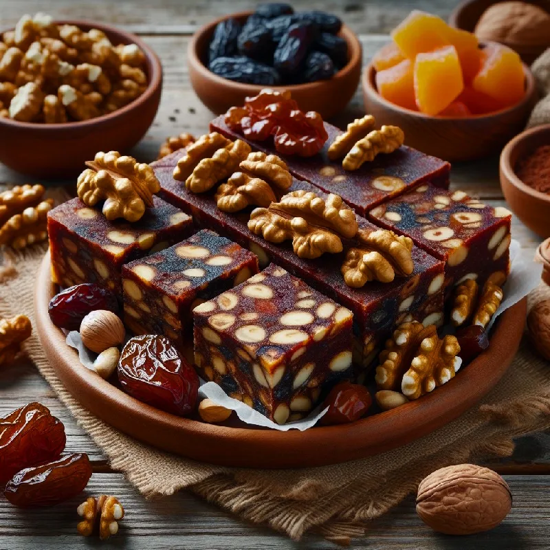 Doce de frutas secas e nozes em prato de cerâmica.