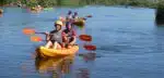 Pessoas praticando canoagem em rio ensolarado.