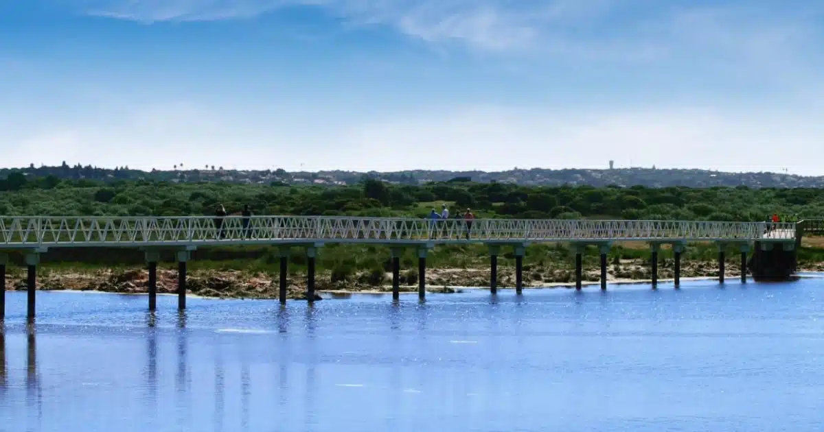 Ponte pedonal sobre rio azul, pessoas caminhando.